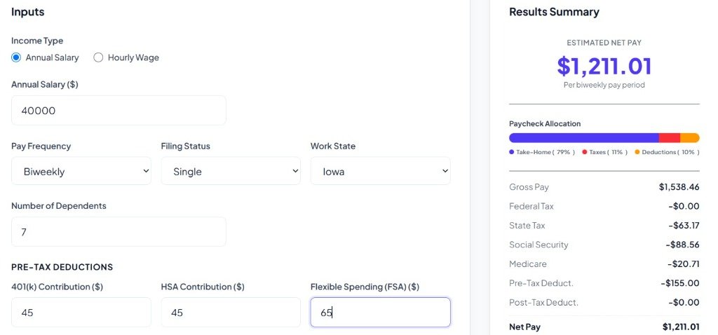 Iowa Paycheck Calculator interface displaying payroll inputs and net take-home pay