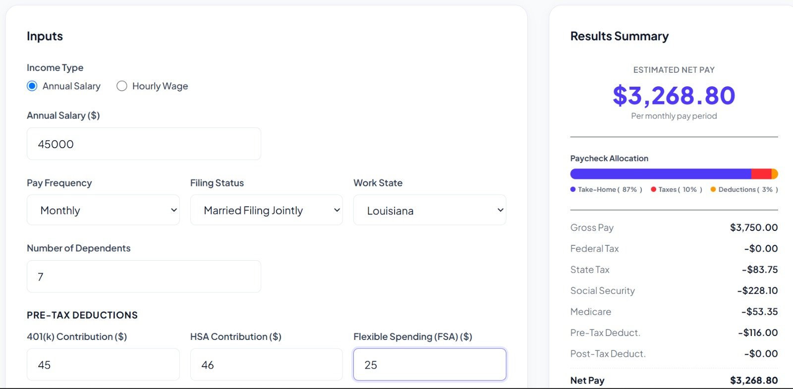 Louisiana Paycheck Calculator