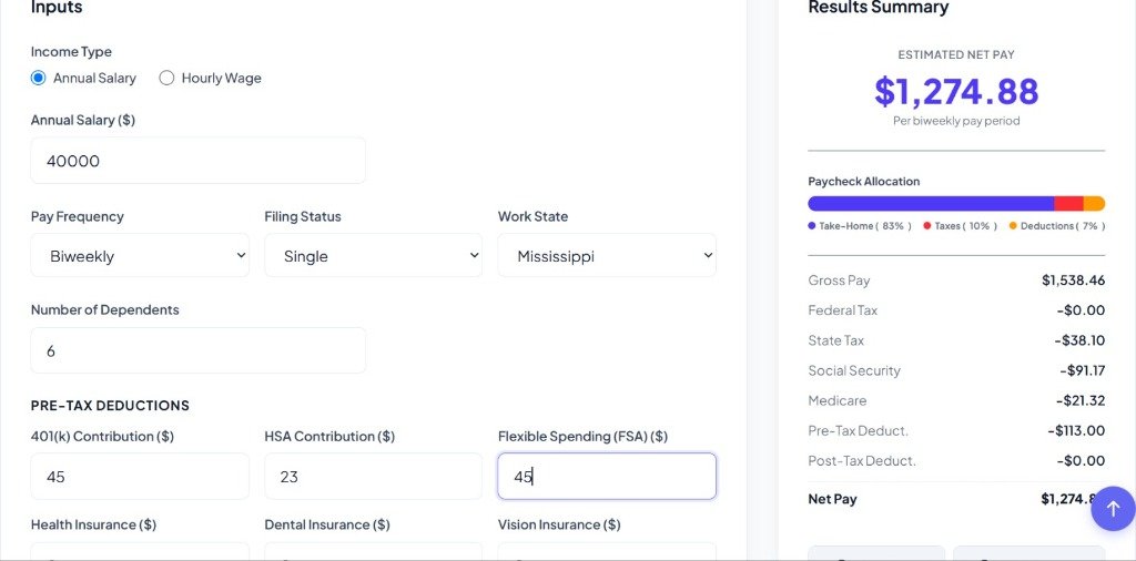 Missouri Paycheck Calculator screenshot showing inputs and results