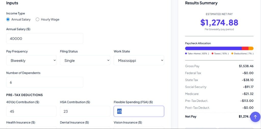 Montana Paycheck Calculator screenshot showing inputs and results