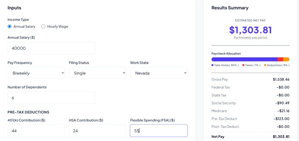 Nevada Paycheck Calculator screenshot showing inputs and results