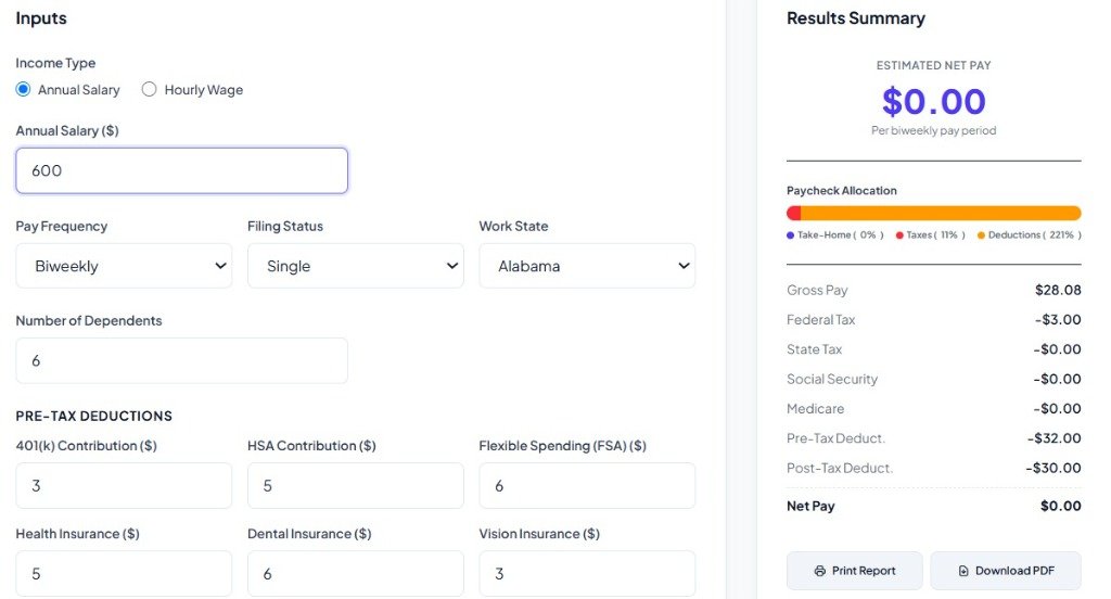 Alabama Paycheck Calculator interface displaying payroll inputs and net take-home pay
