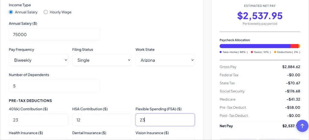 Arizona Paycheck Calculator interface displaying payroll inputs and net take-home pay