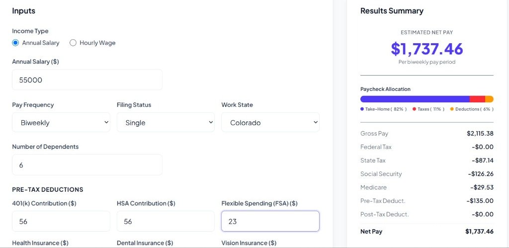 Colorado Paycheck Calculator interface displaying payroll inputs and net take-home pay