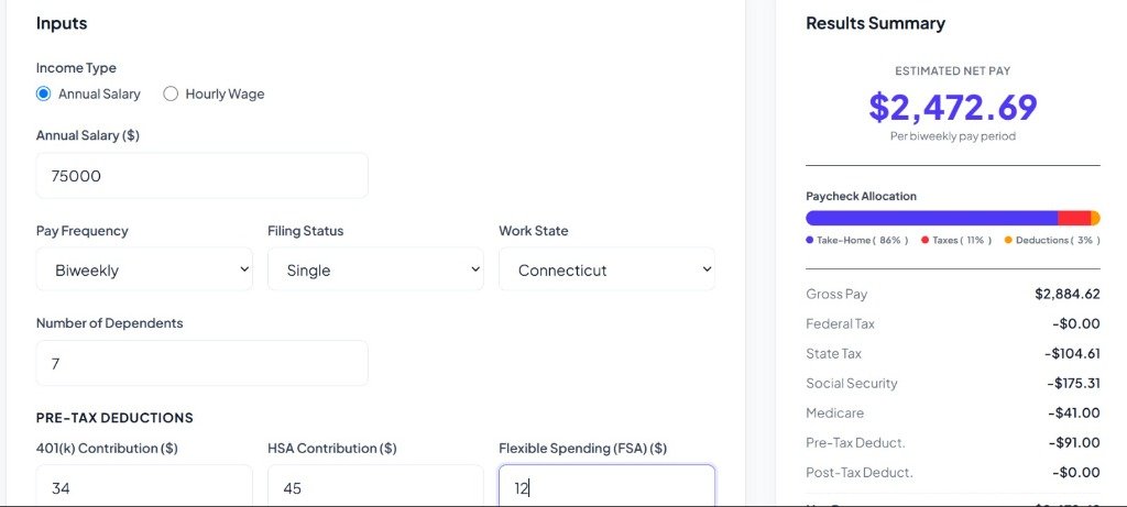 Connecticut Paycheck Calculator interface displaying payroll inputs and net take-home pay