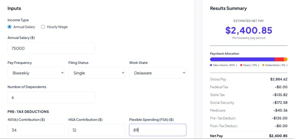 Delaware Paycheck Calculator interface displaying payroll inputs and net take-home pay