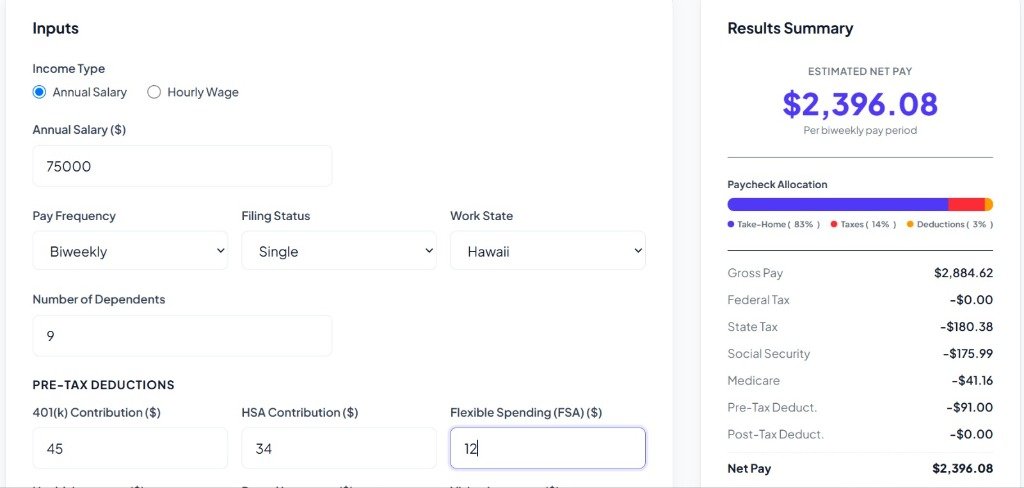 Hawaii Paycheck Calculator interface displaying payroll inputs and net take-home pay