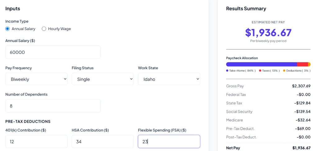 Idaho Paycheck Calculator interface displaying payroll inputs and net take-home pay