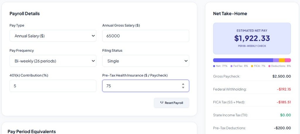 Texas Paycheck Calculator interface displaying payroll inputs and net take-home pay